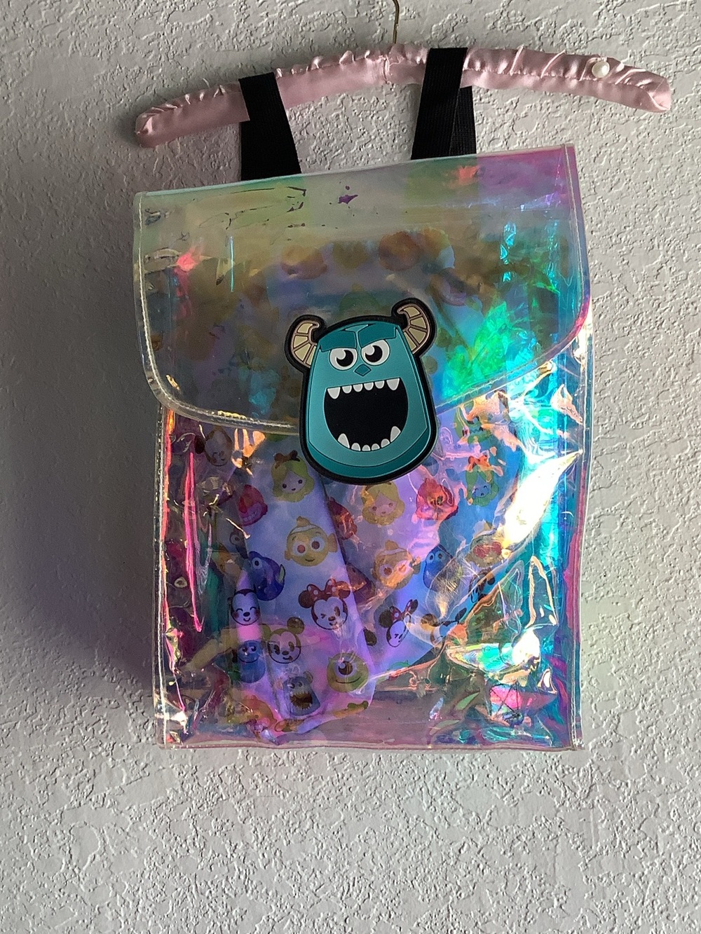 Kids Iridescent Holographic Backpack with Monster Patch - Pink/Multicolor